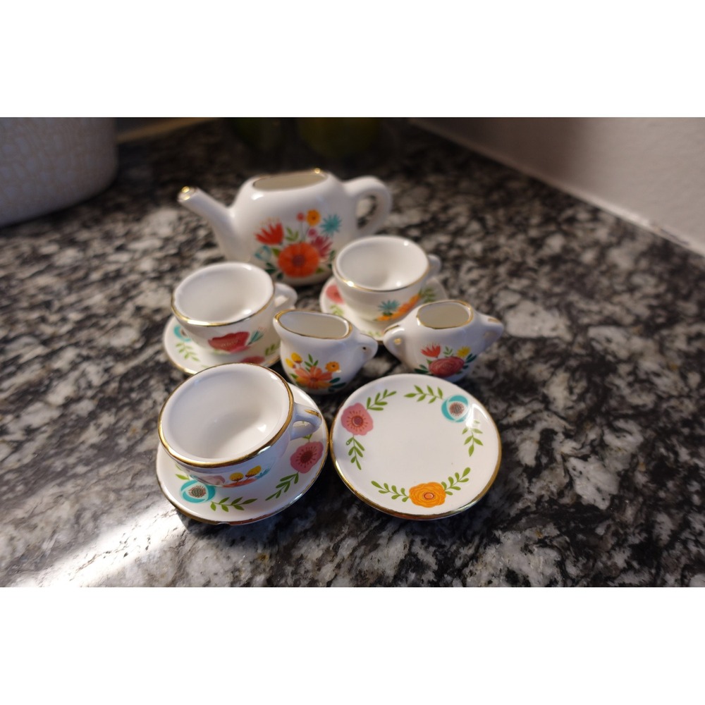 Ceramic Bright Stripes miniature tea set floral pretend playset - Picture 8 of 10